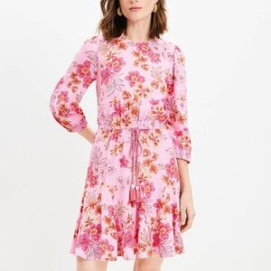 LOFT NWT Pink Floral 3/4 Sleeve Boho Peasant Cottagecore Tassel Dress Large